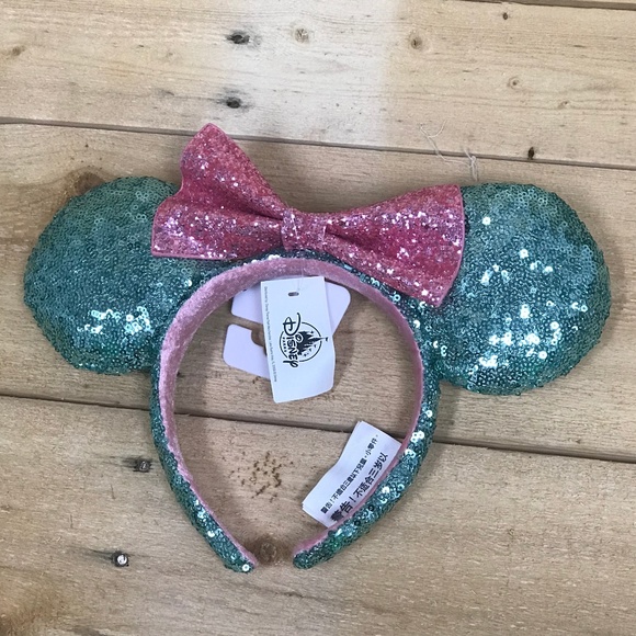 Disney Parks Mint Green Pink Bow Sequin Ears - Picture 1 of 5